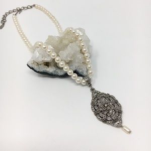 Vintage Classic Faux Pearl and Marcasite Necklace